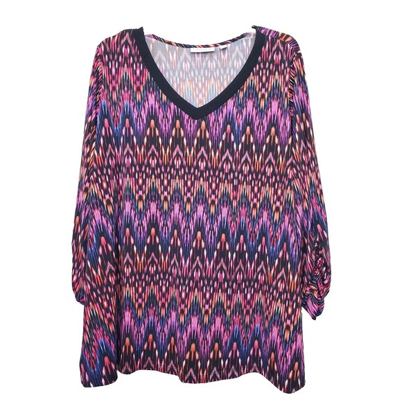 Susan Graver LiquidKnit Artsy Chevron Print V-Neck Ruched Sleeve Tunic Size 2X - Picture 1 of 7